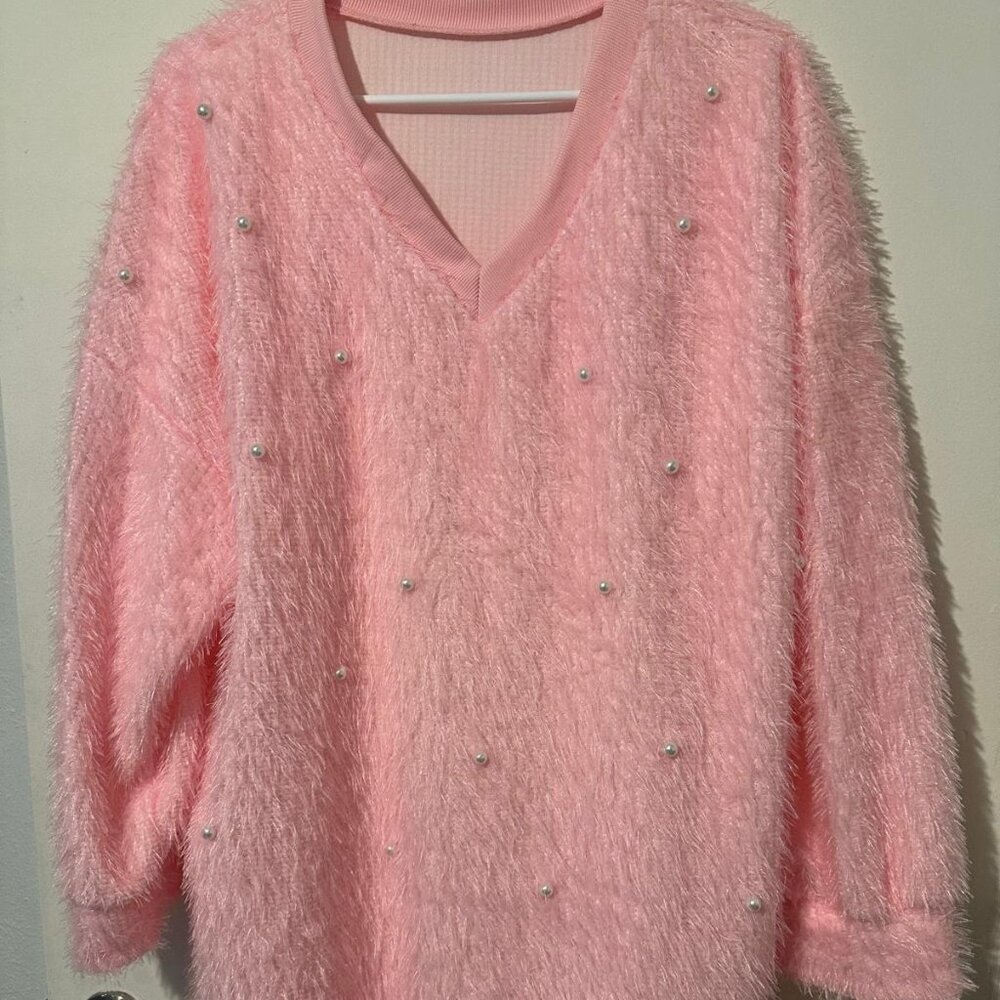 Cozy Pink Sweater with Faux Fur & Pearls